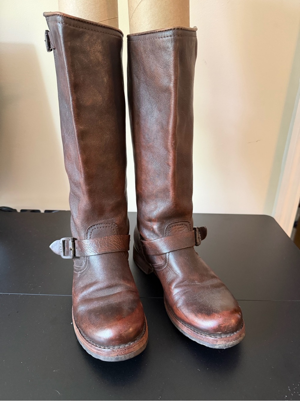 Frye Veronica Brown Leather Tall Harness Boots